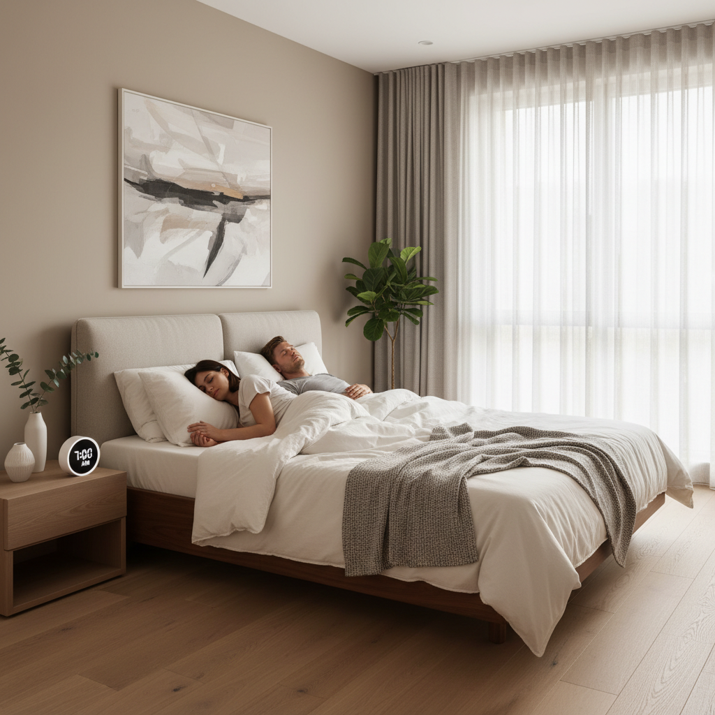 man and woman asleep in modern bedroom 