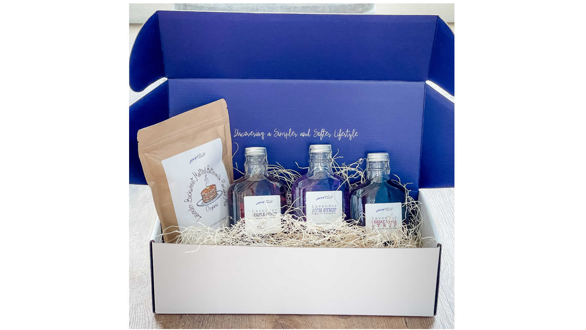 Organic lavender buckwheat buttermilk pancakes with syrup trio gift set