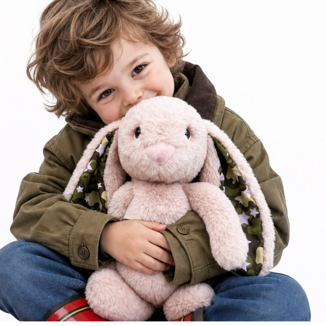 A child holding the pink Camo Xander Bunny, a weighted lavender-filled plush