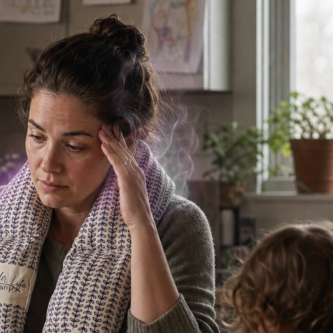 A woman at a kitchen table wearing the Lavender Comfort Neck Wrap