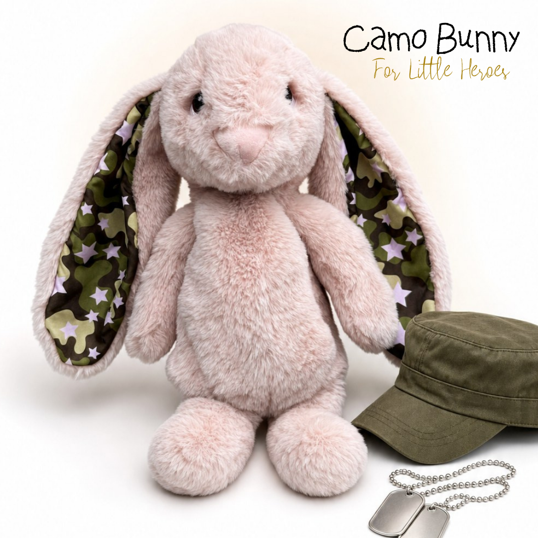 Plush bunny with camouflage interior and matching cap on a white background