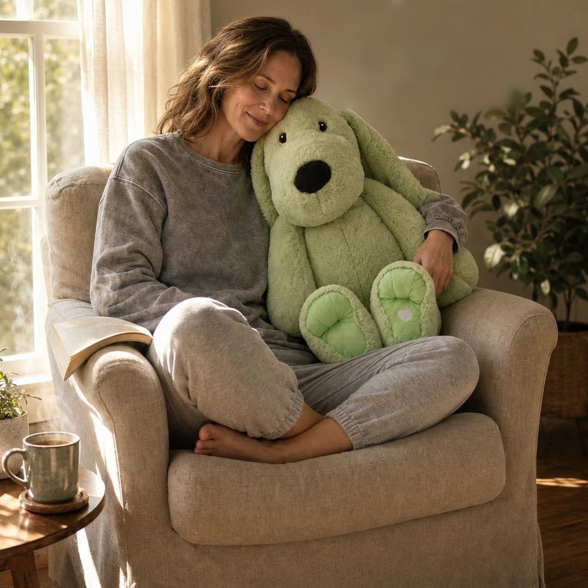 Woman resting with the XL Xander Dog in Pistachio in an armchair