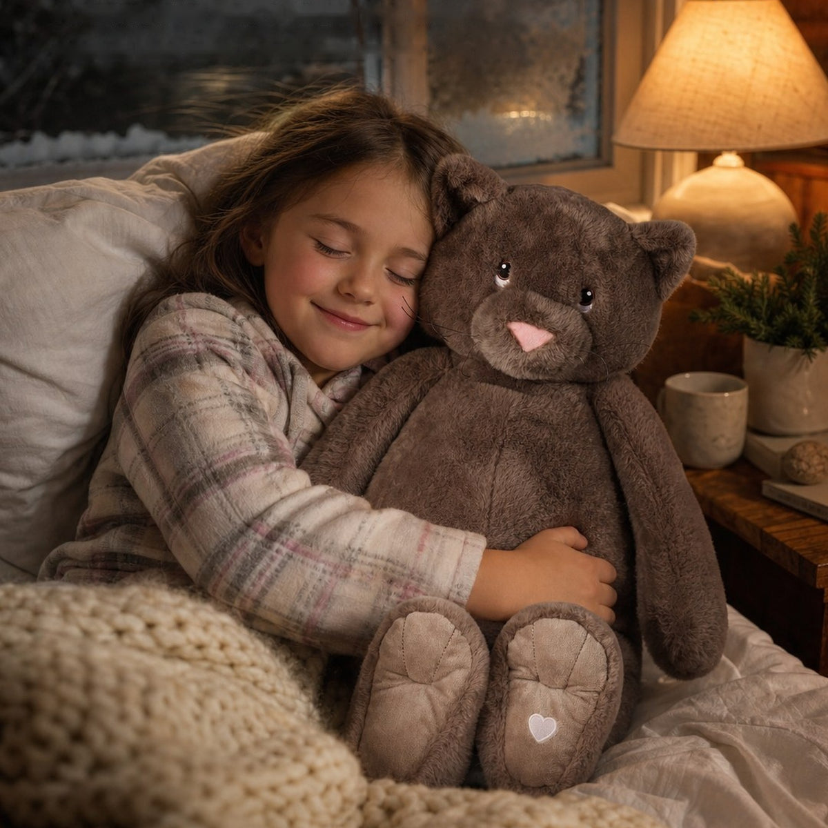 Girl hugging the XL Xander Cat in Mocha on a chilly night