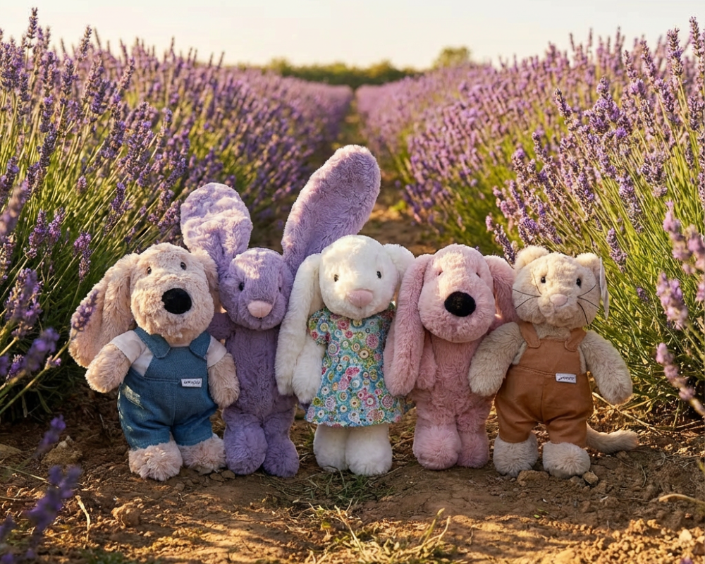Five plush toys resembling bunnies and a dog standing in a lavender field.
