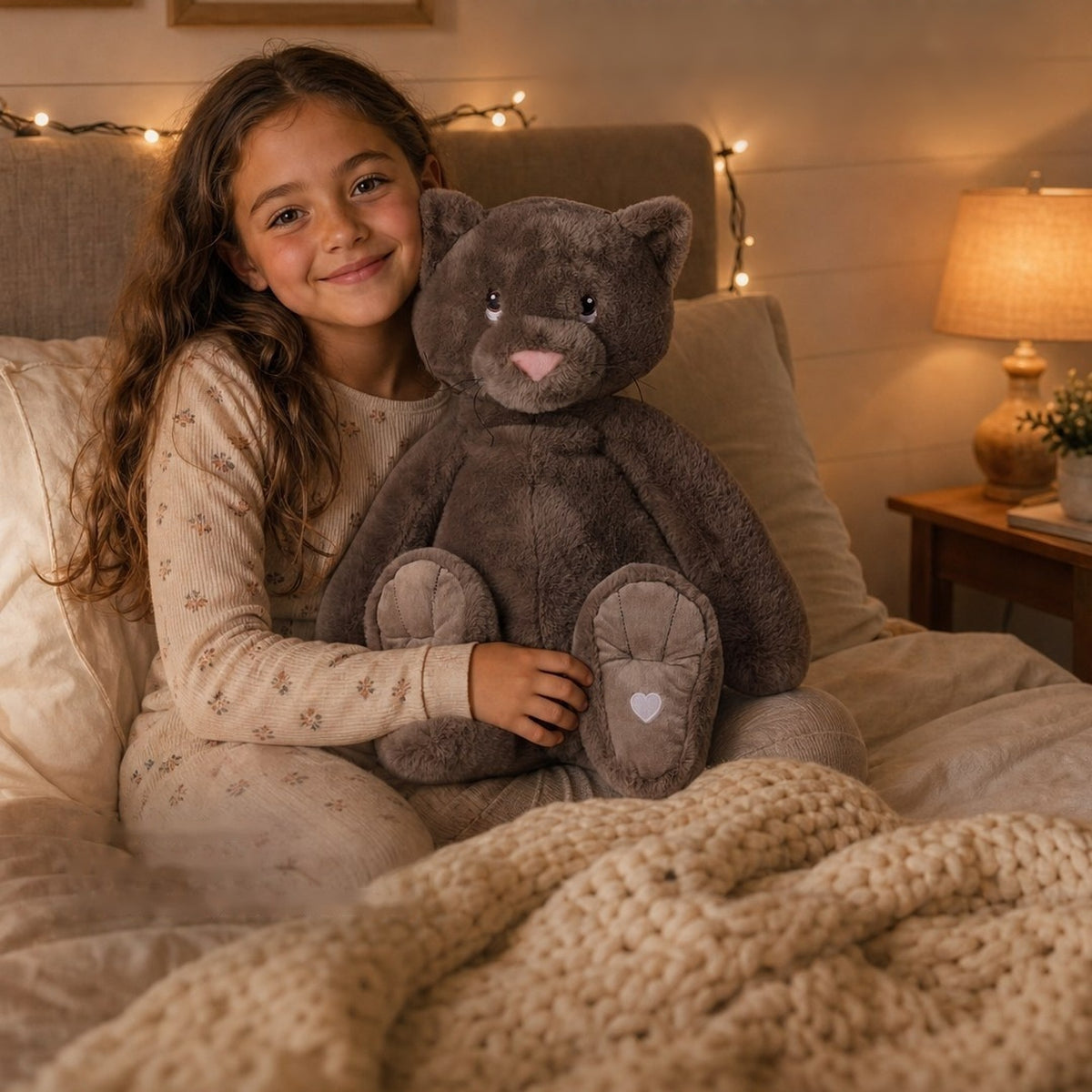 Girl smiling with the XL Xander Cat on her lap