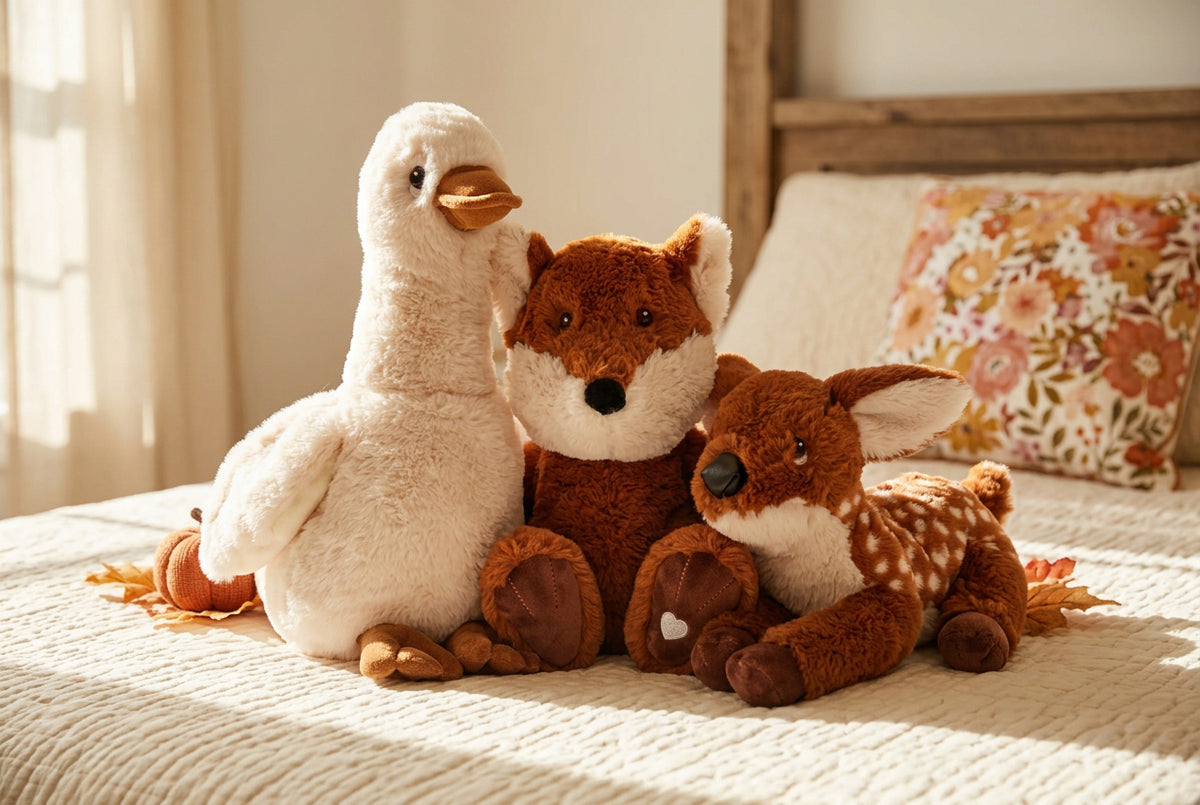 Xander Duck, Fox and Fawn lavender plush together on a cream quilt