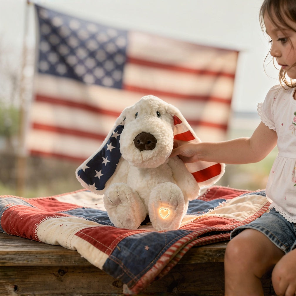 Child holding a plush dog with an American flag on a wooden surface with an American flag in the background.