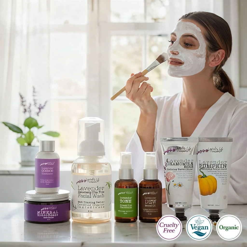 Woman applying facial mask with skincare products on a table