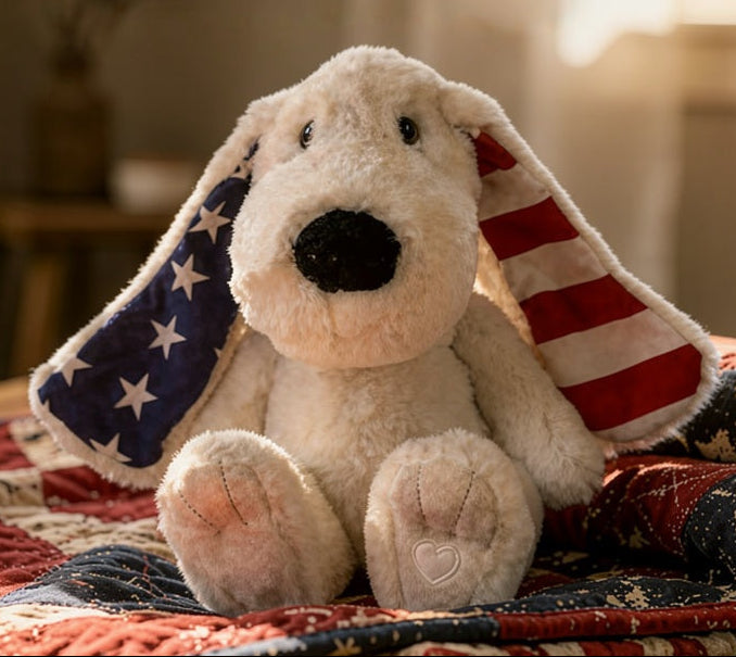 Stuffed dog toy with American flag design on a quilted blanket