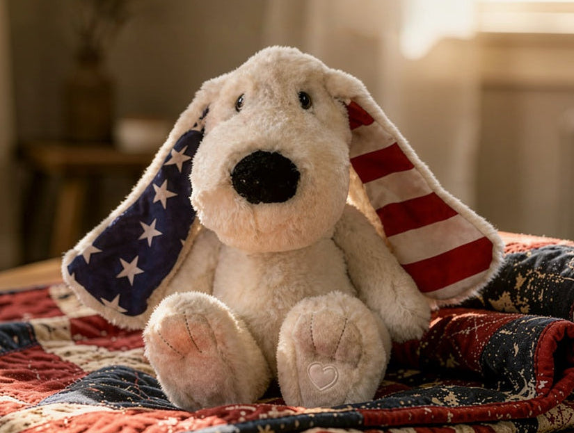 Stuffed dog toy with American flag design on a quilted blanket