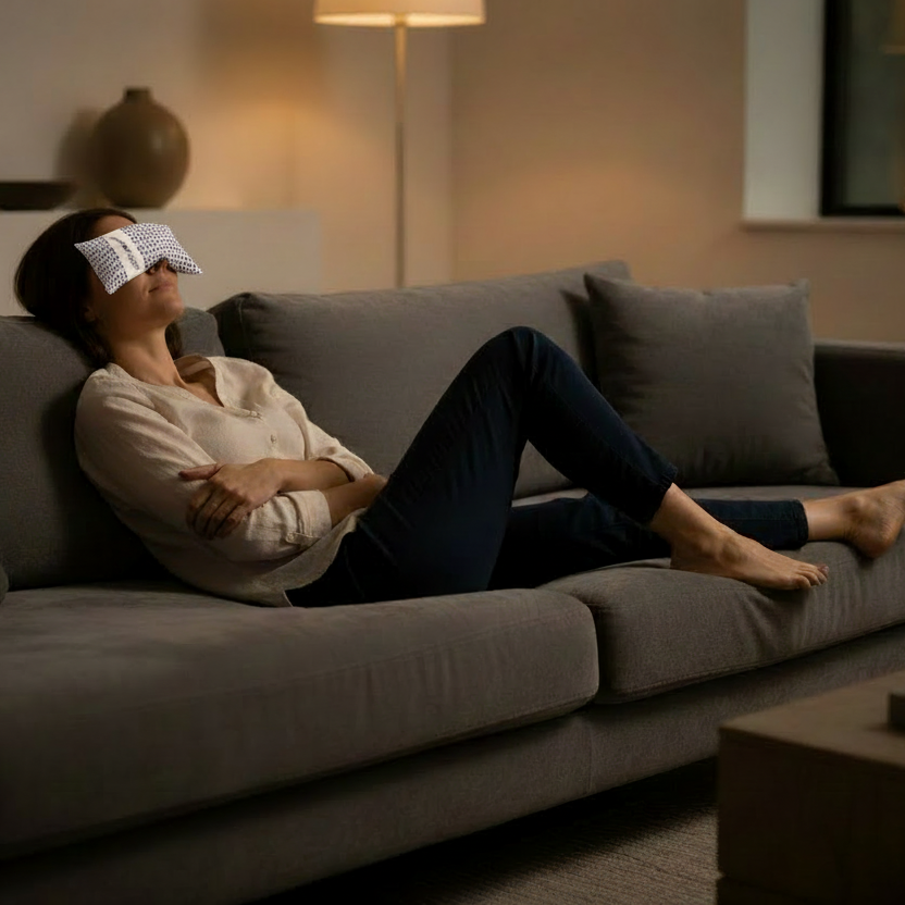 Lady relaxing in a darkened room with lavender eye heat pillow from lavender life company over her eyes