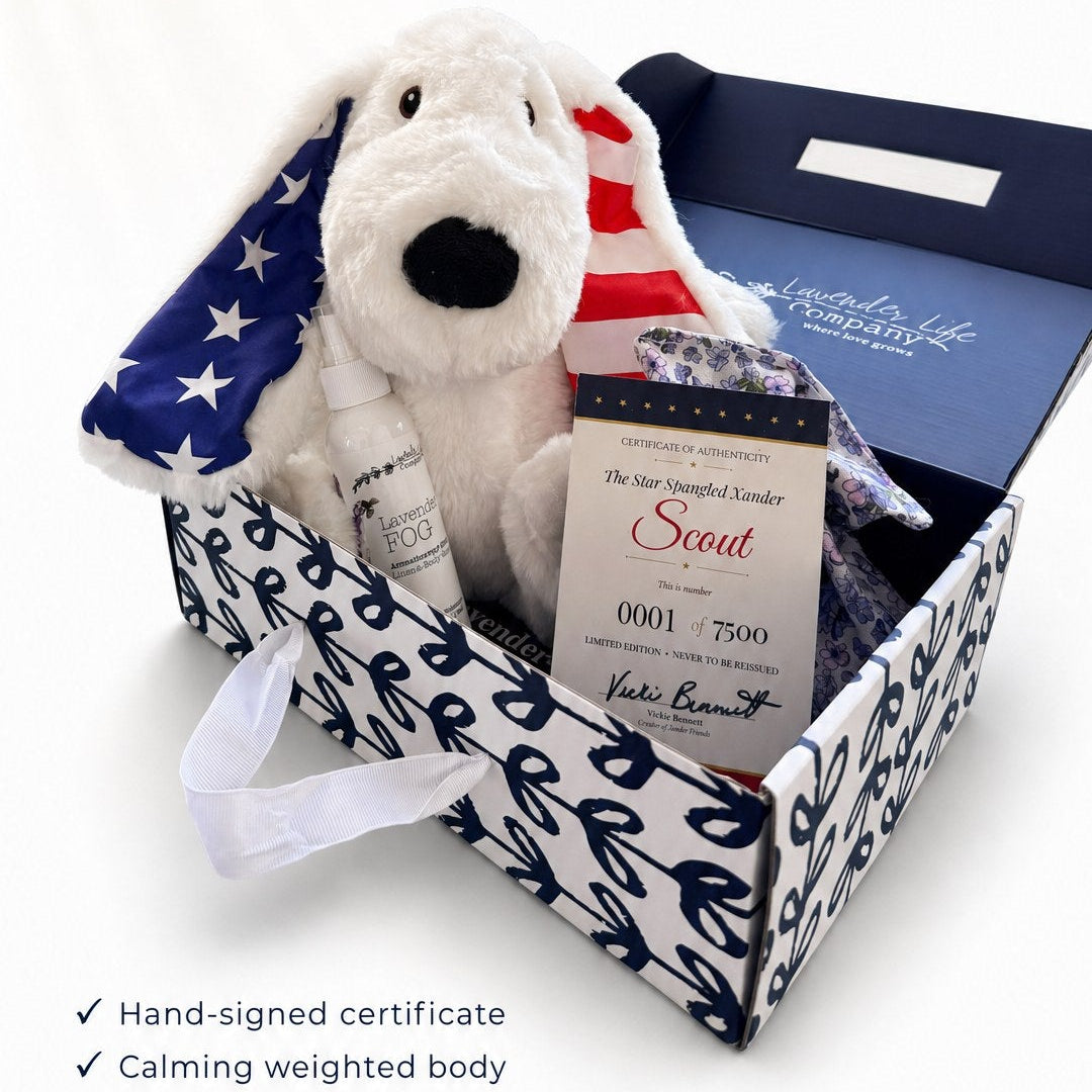 Box with plush dog, certificate, and American flag design on a white background