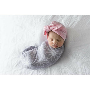 Newborn Cocoon Swaddle Set with Hat - Grey Flower with Pink Turban - Lavender Life Company