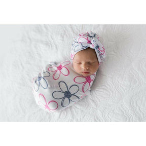 Newborn Cocoon Swaddle Set with Turban - Pink/Grey Flower - Lavender Life Company
