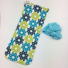 Newborn Cocoon Swaddle Set with Turban - Turquoise and Grey Flower - Lavender Life Company