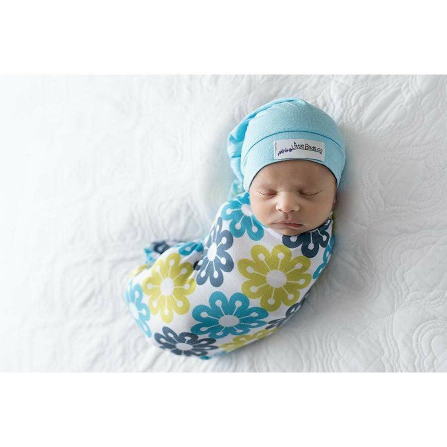 Newborn Cocoon Swaddle Set with Turban - Turquoise and Grey Flower - Lavender Life Company